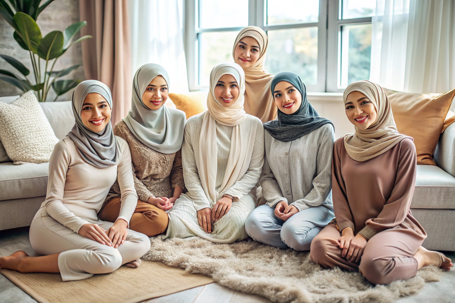 Eine Gruppe von Frauen mit verschiedenen Hijab-Stilen, die in einem gemütlichen Raum lächelnd zusammensitzen, umgeben von weichen Textilien und natürlichem Licht, ohne erkennbare Markierungen