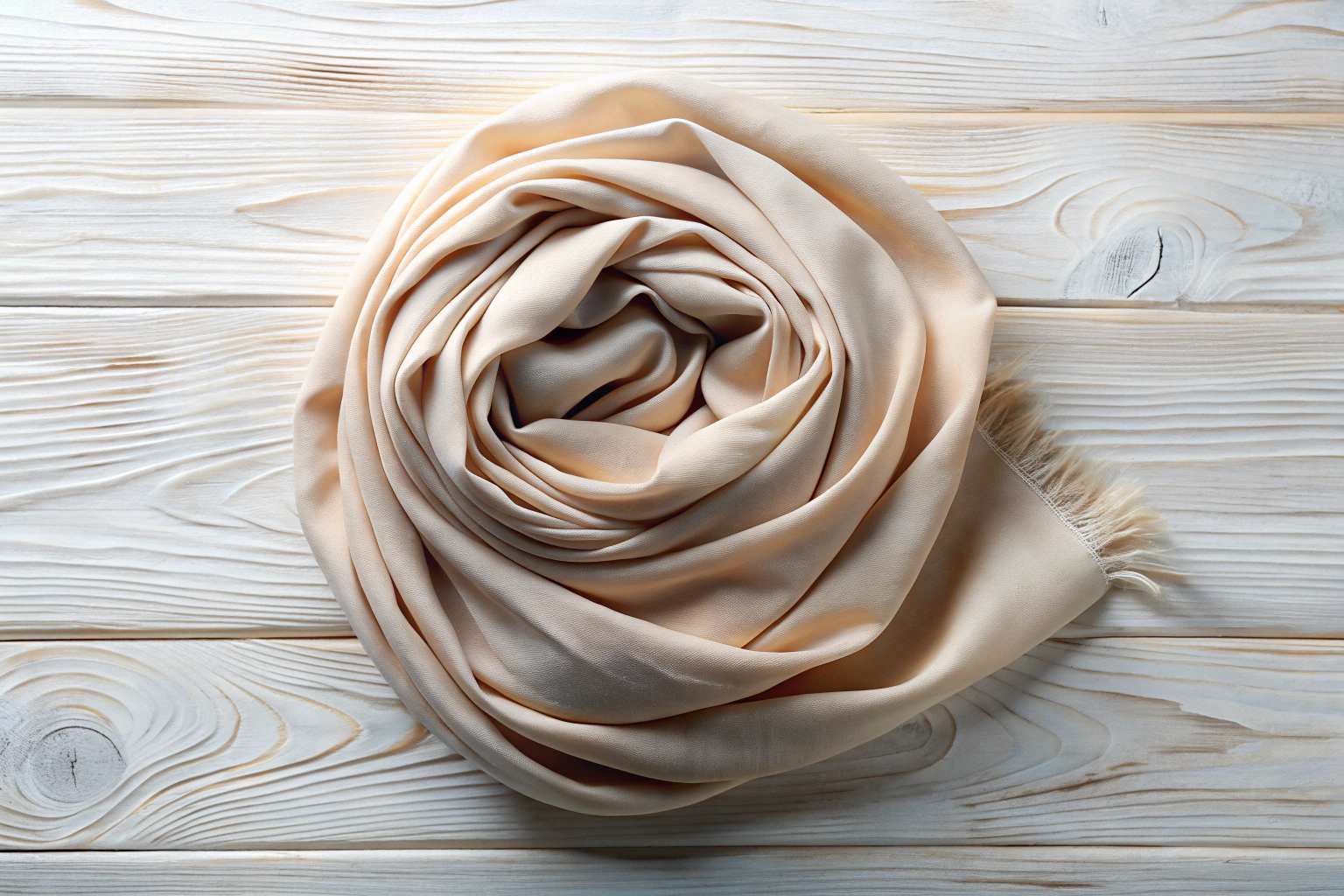 Ein weicher, cremefarbener Hijab, der sanft gefaltet auf einem hellen Holztisch liegt, mit natürlichem Licht, das die feine Textur des Stoffs hervorhebt