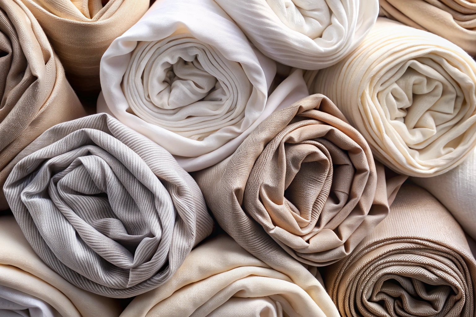 A detailed close-up of folded hijab fabrics showing textures of cotton, silk, and chiffon in neutral colors like beige, white, and light gray, arranged artistically with soft shadows
