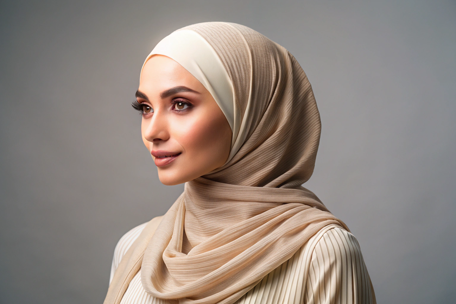 Ein elegantes, faltenreiches Hijab aus weichem Stoff in beigen Tönen, das sanft über einen neutralen Hintergrund fließt, mit natürlichem Licht, das die Textur betont