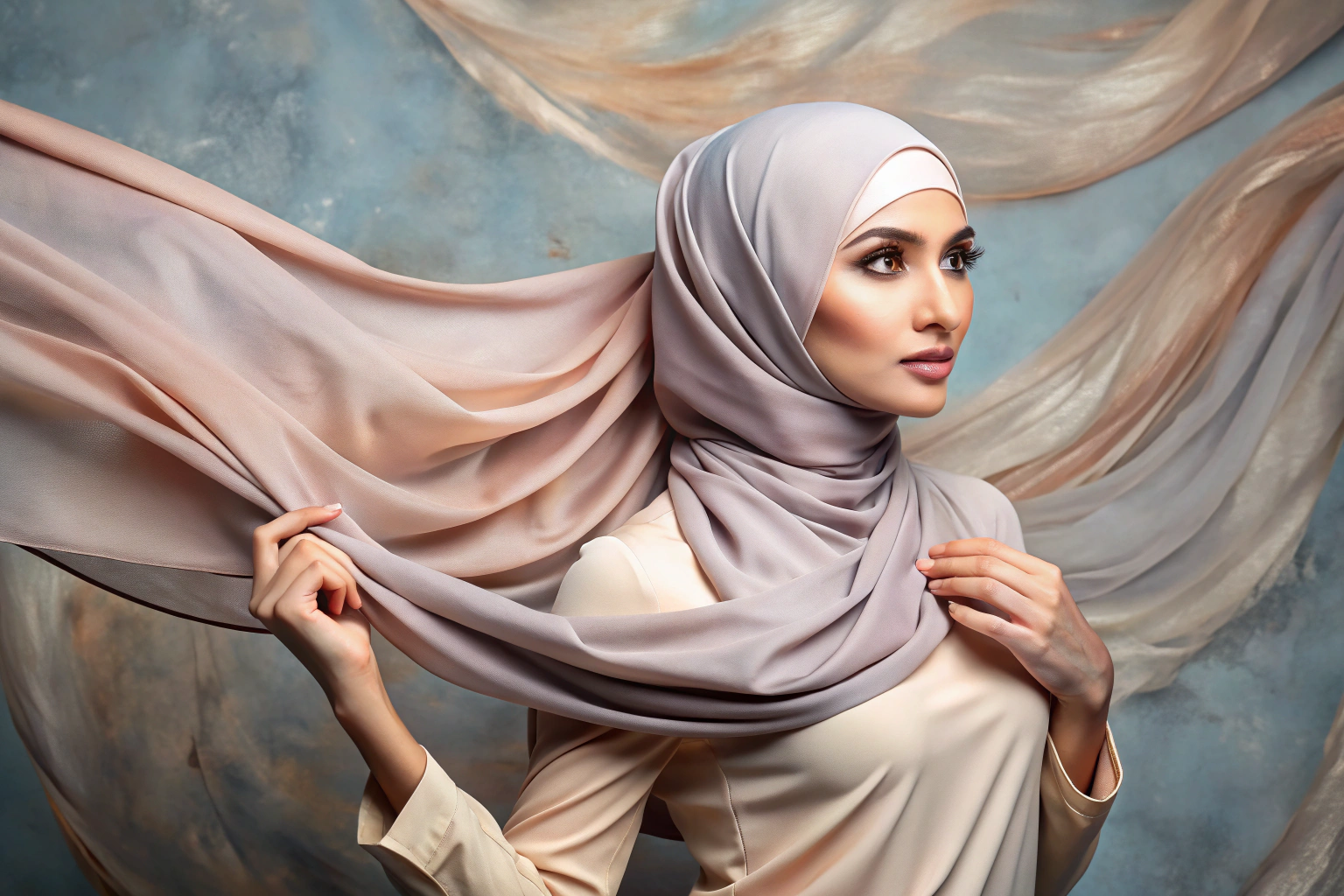 Eine elegante Hijab-Drapierung in pastellfarbenem Stoff, der sanft um einen stilvollen Hintergrund fällt, mit Fokus auf Textur und Bewegung