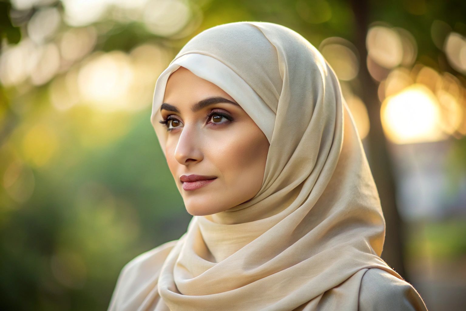 Eine muslimische Frau mit einem dezenten, cremefarbenen Hijab, der locker um Kopf und Schultern drapiert ist, in einer ruhigen, natürlichen Umgebung mit unscharfem Hintergrund, um Privatsphäre und Eleganz zu betonen