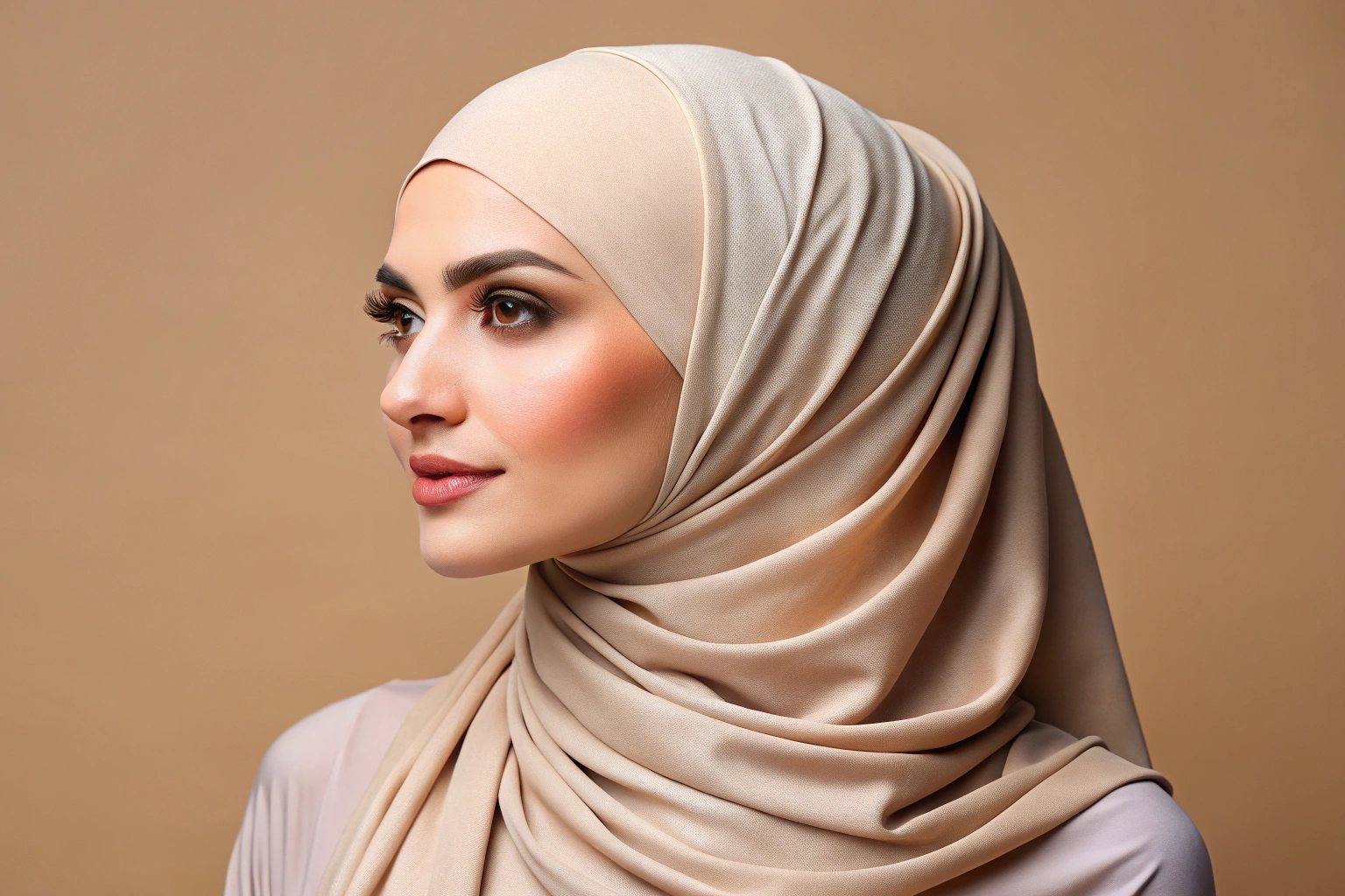 Eine Nahaufnahme eines elegant gebundenen Hijabs in einem neutralen, weichen Stoff, der sanft um den Kopf fällt und natürliche Falten bildet, vor einem hellen, einfarbigen Hintergrund
